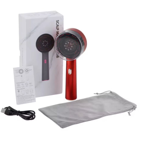 Red scalp massager with packaging, USB cable, and pouch on a white background
