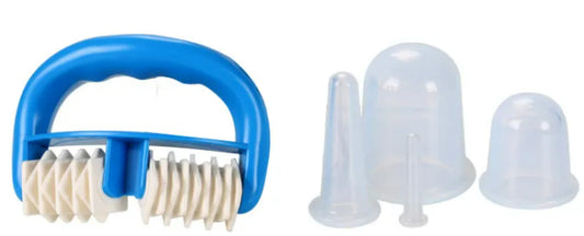 Blue massage tool with white bristles and three clear silicone cups on a white background