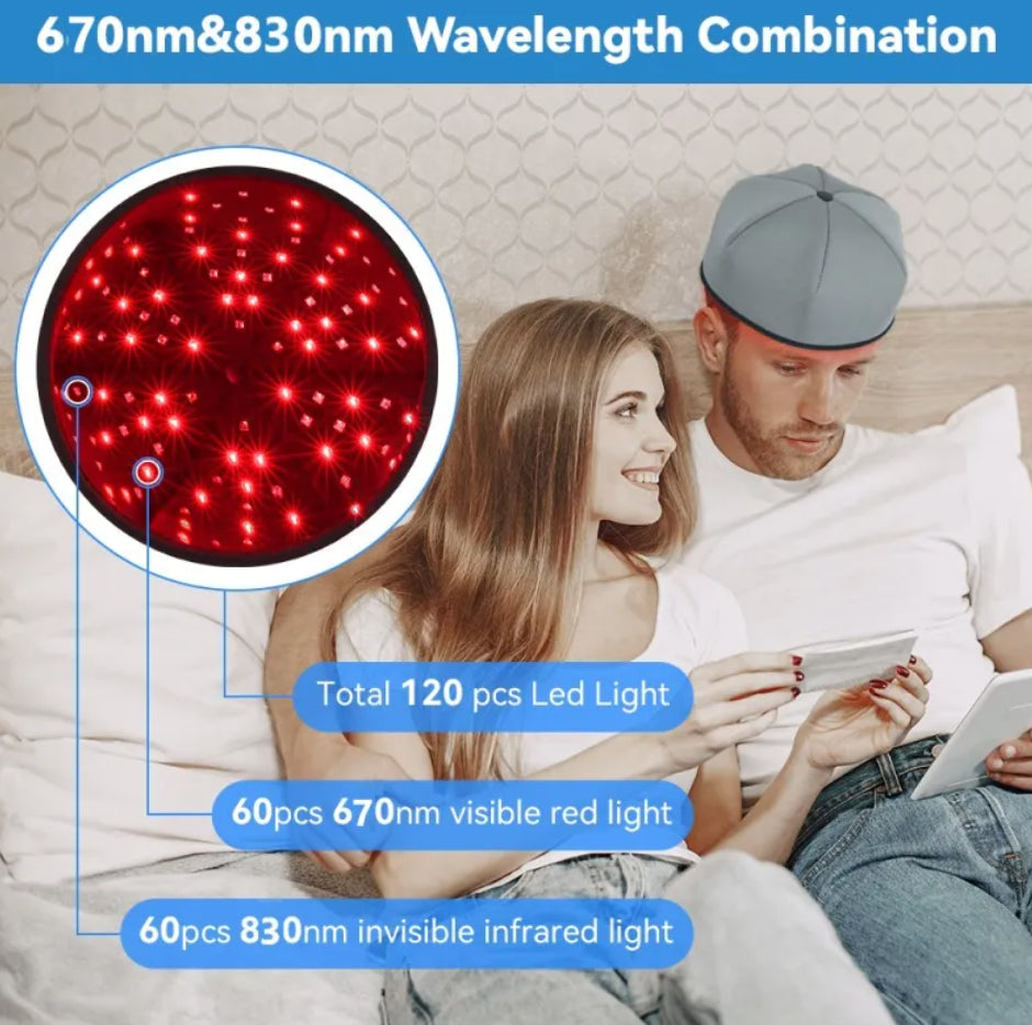 Couple using a device with LED lights labeled 670nm and 830nm, sitting on a couch.