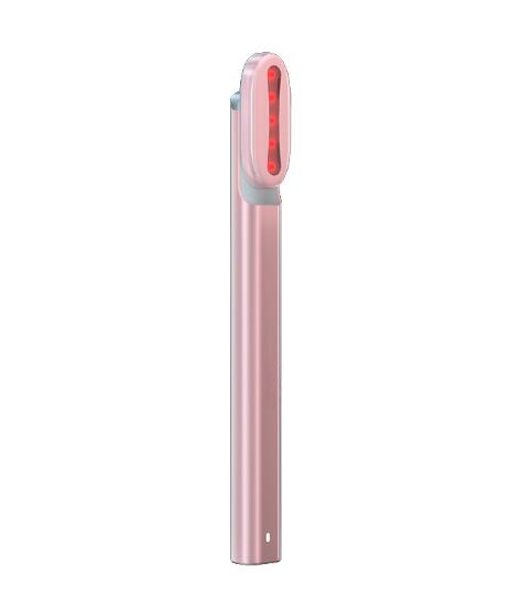 Pink electronic device with a red light on a white background