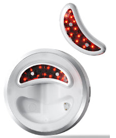 Two circular devices with red LED lights on a white background