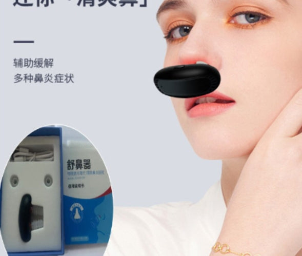 Woman using a nasal device with a close-up of the device and packaging.