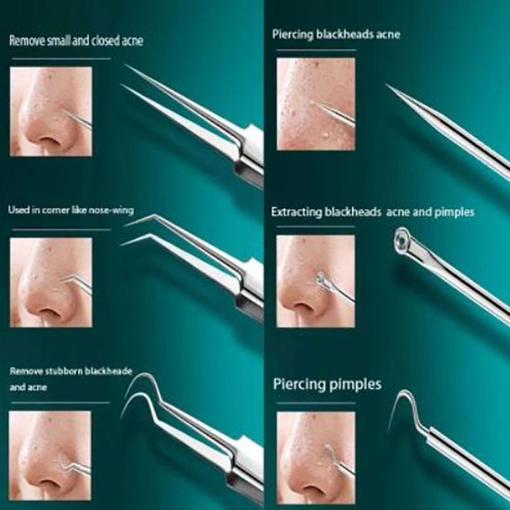 Nose piercing tool with images of nose and text on a teal background