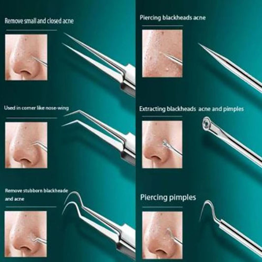 Nose piercing tool with images of nose and text on a teal background