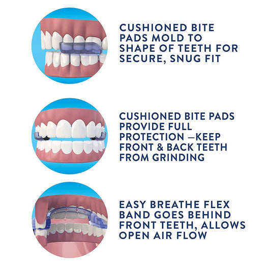 Teeth with cushioned bite pads and text explaining their features on a white background