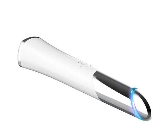 White and black electronic device with blue light on a white background