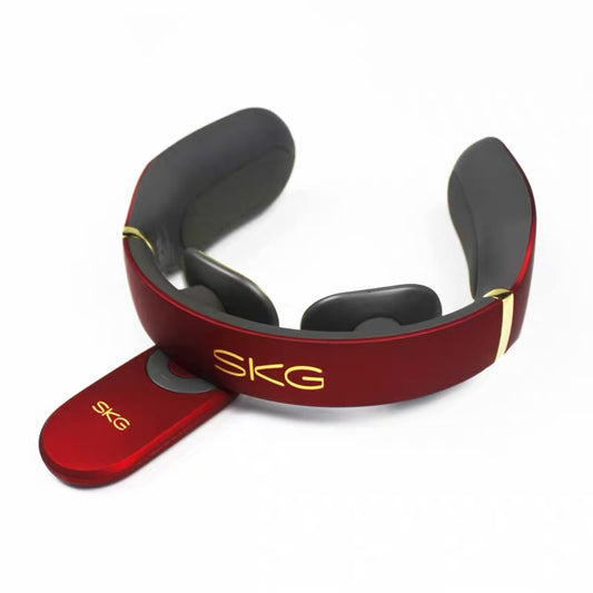 Red and black neck massager with 'SKG' branding on a white background