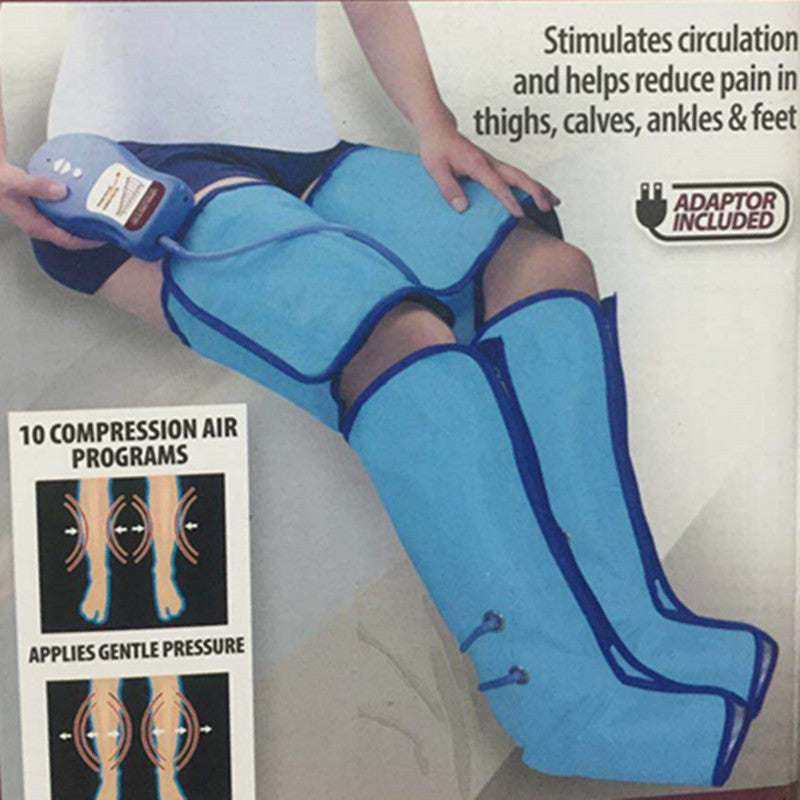Person wearing blue compression air stocking with packaging and text on a white background