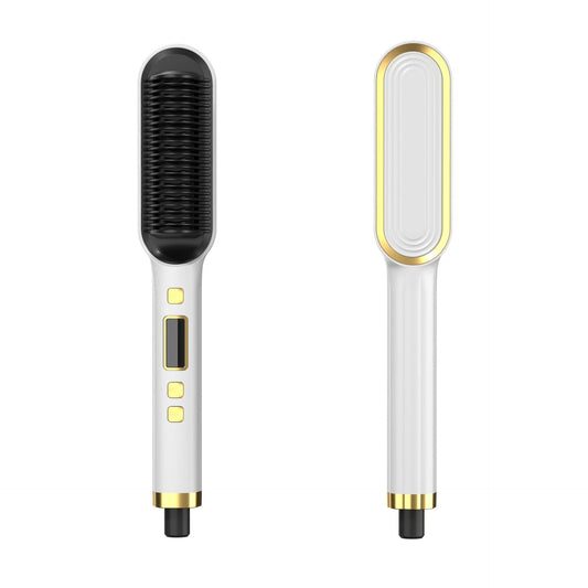 Hair straightening brush with black bristle head and white handle on a white background