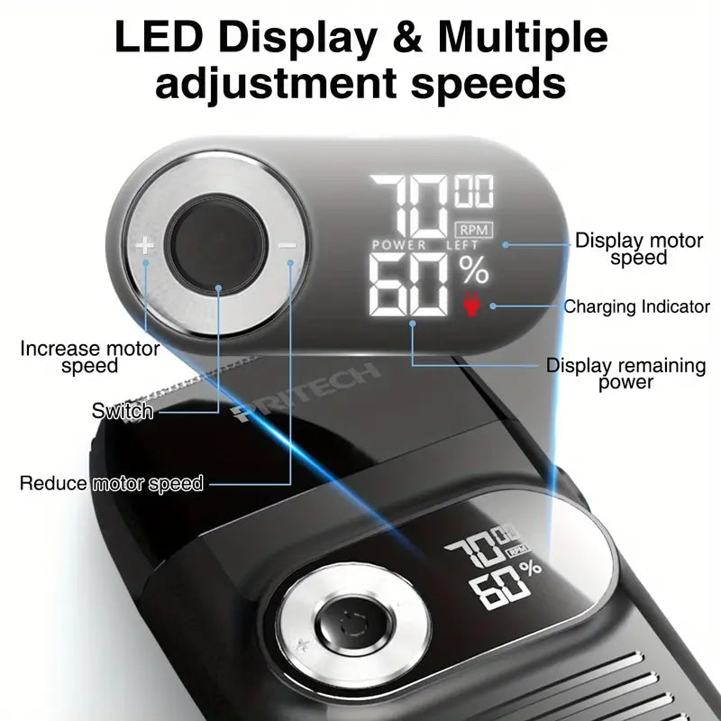 Black electronic device with digital display and adjustment controls, labeled features.