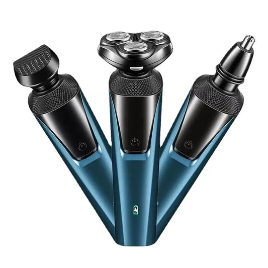 Blue electric shaver with three attachments on a white background