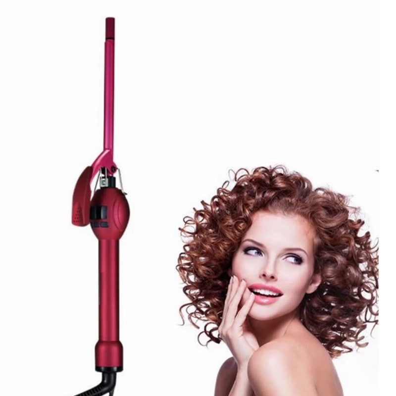 Red hair curling iron next to a woman with styled hair on a white background
