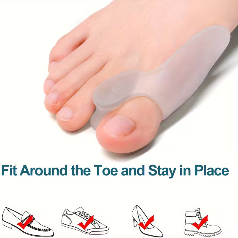 Silicone toe separator being worn on a foot with text indicating it fits around the toe and stays in place.